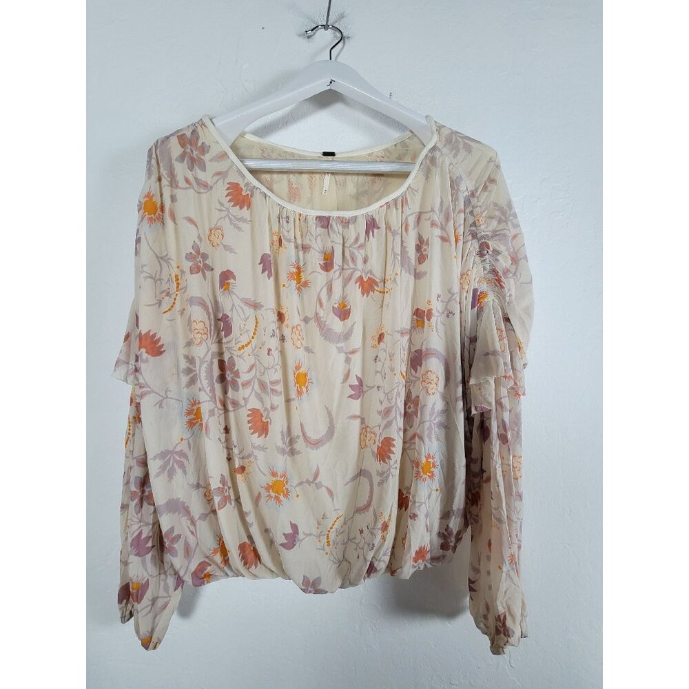 Free People Womens Floral Print Sheer Peasant Blouse Medium Beige Orange Boho